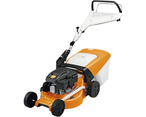 Mașină de tuns iarba pe benzină Stihl cu coș colector și mâner reglabil.
