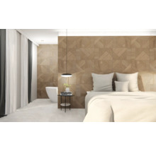 Dormitor modern cu panouri de perete structurate cu aspect de lemn și model geometric pe peretele din spatele patului.
