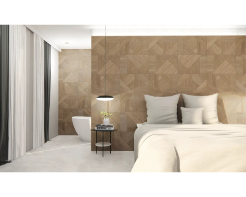 Dormitor modern cu panouri de perete structurate cu aspect de lemn și model geometric pe peretele din spatele patului.