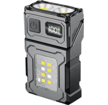 Lampă de lucru neagră robustă cu diode luminiscente, afișaj digital al bateriei, două proiectoare și un panou Chip-on-Board.
