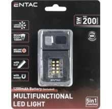 Lanternă LED multifuncțională Entac în ambalaj, 5 wați, 200 lumeni, 6 moduri de iluminare, reîncărcabilă, cu magnet și clemă.
