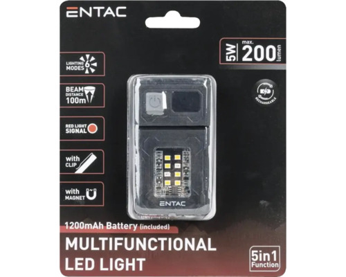 Lanternă LED multifuncțională Entac în ambalaj, 5 wați, 200 lumeni, 6 moduri de iluminare, reîncărcabilă, cu magnet și clemă.
