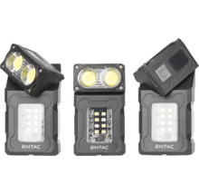 Lanternă de lucru LED Entac portabilă cu cap pivotant și Entac Logo, vizualizare din trei unghiuri diferite.
