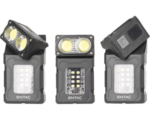 Lanternă de lucru LED Entac portabilă cu cap pivotant și Entac Logo, vizualizare din trei unghiuri diferite.