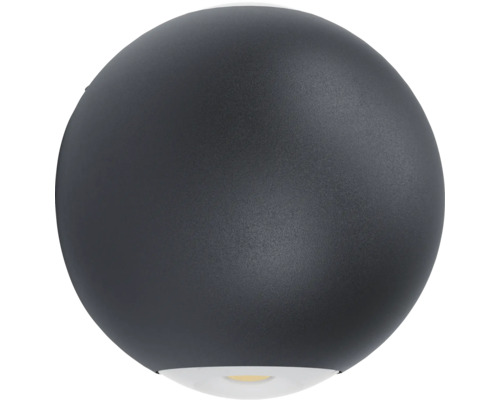 Aplică de exterior sferică din metal de culoare antracit cu lumină orientată în jos.