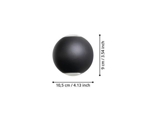 Aplică de perete sferică modernă cu emisie de lumină sus și jos. Dimensiuni: lățime 10,5 centimetri și înălțime 9 centimetri.