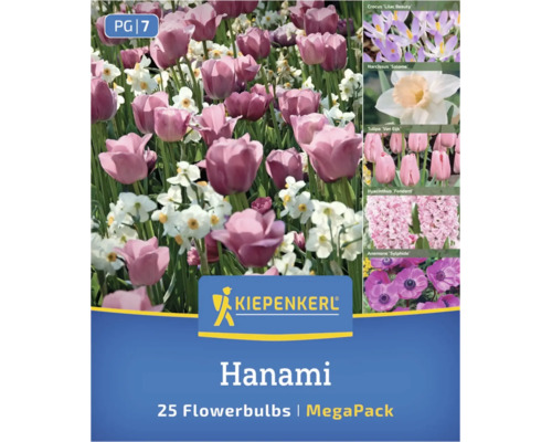 Mix de bulbi de flori Kiepenkerl Hanami MegaPack cu 25 de bucăți, conținând lalele, narcise, brândușe, zambile și anemone. Logo Kiepenkerl.