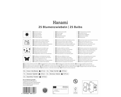 Spatele ambalajului Hanami cu 25 de bulbi, informații despre locație, ghivece, insecte, lista conținutului și FSC Logo.