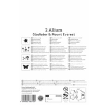 Spatele ambalajului pentru două Allium Gladiator și Mount Everest cu simboluri pentru locație însorită, perenitate, flori tăiate și insecte.