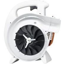 Carcasă albă a unui aspirator de frunze cu roată de ventilator neagră și cuțit de tocare argintiu din metal.