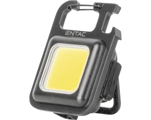 Lampă de lucru portabilă ENTAC neagră cu LED, carabină, desfăcător de sticle și port de încărcare USB.