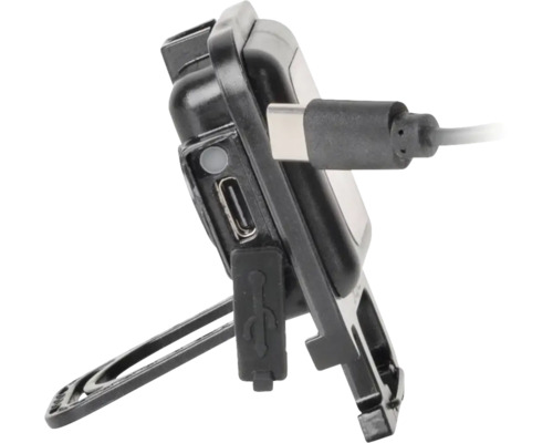 Lampă de lucru compactă reîncărcabilă cu port de încărcare USB tip C, cablu de încărcare USB, suport pliabil și capac de cauciuc.