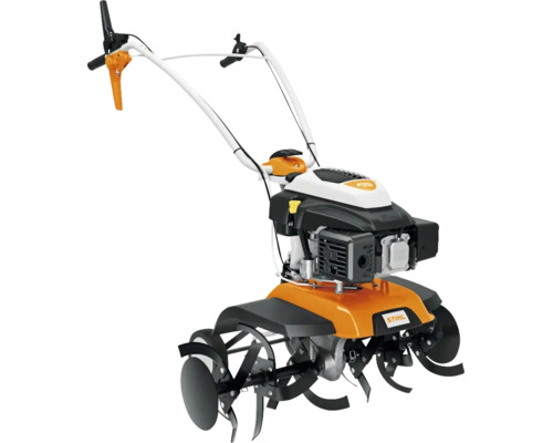 Motosapă pe benzină STIHL cu ghidon reglabil și cuțite robuste pentru lucrarea solului.