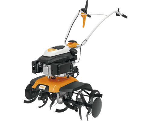 Motosapă Stihl cu motor pe benzină, freze și ghidon reglabil pentru prelucrarea solului.
