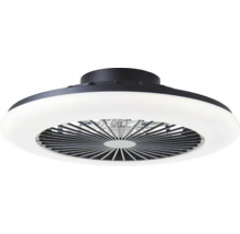 Ventilator de tavan modern cu inel luminos LED integrat și carcasă închisă la culoare.