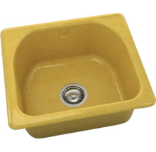 Chiuvetă încorporabilă galbenă din material compozit, o cuvă cu scurgere și preplin.