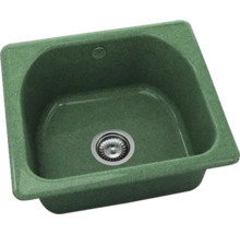 Chiuvetă de bucătărie verde din compozit de granit cu o singură cuvă, preaplin și sită de scurgere din oțel inoxidabil.