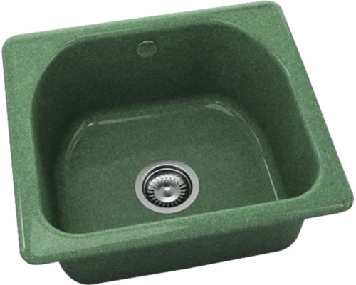 Chiuvetă de bucătărie verde din compozit de granit cu o singură cuvă, preaplin și sită de scurgere din oțel inoxidabil.
