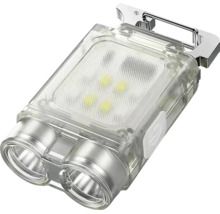 Lanternă LED compactă cu două lentile frontale, panou LED și carabină metalică.