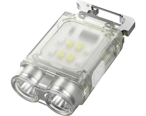 Lanternă LED compactă cu două lentile frontale, panou LED și carabină metalică.