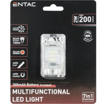 Lampă LED multifuncțională Entac în ambalaj, 2 wați, maxim 200 lumeni, 7 moduri de iluminare, reîncărcabilă, cu clips și magnet, baterie inclusă.