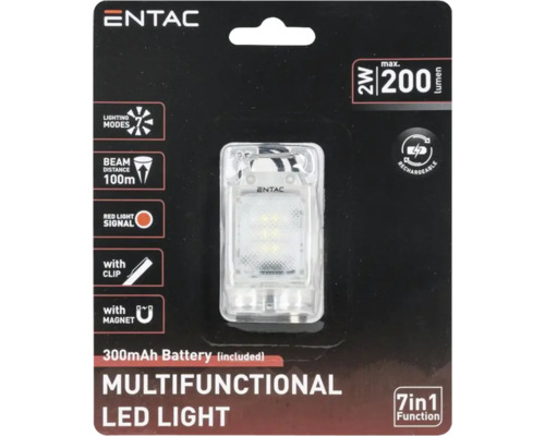 Lampă LED multifuncțională Entac în ambalaj, 2 wați, maxim 200 lumeni, 7 moduri de iluminare, reîncărcabilă, cu clips și magnet, baterie inclusă.