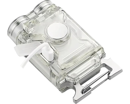 Lampă de lucru LED transparentă cu port de încărcare USB-C și clemă carabinieră metalică integrată.