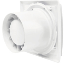 Ventilator de baie alb din plastic, vedere din spate cu racord de conductă cilindric și pale de ventilator vizibile.