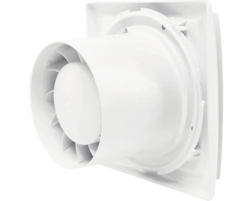 Ventilator de baie alb din plastic, vedere din spate cu racord de conductă cilindric și pale de ventilator vizibile.