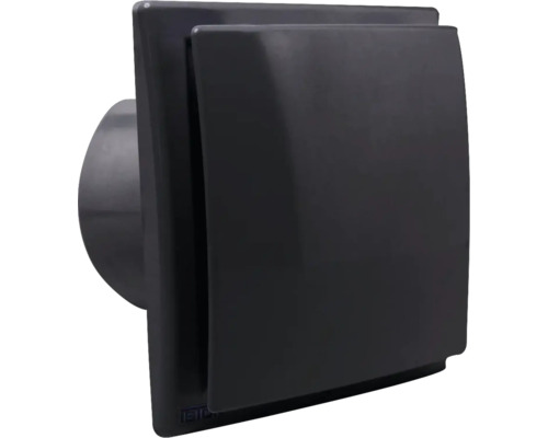 Ventilator de baie pătrat din plastic negru pentru montare pe perete sau tavan.