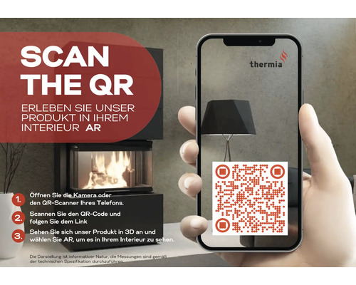 Mână care ține un smartphone cu un cod QR pentru a vizualiza o sobă Thermia în realitate augmentată în propriul interior.
