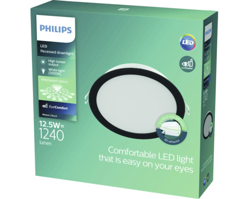 Spot LED încastrat Philips Meson, 12,5 wați, 1240 lumeni, lumină albă caldă, 3000 kelvin, rotund, negru, cu tehnologie EyeComfort.