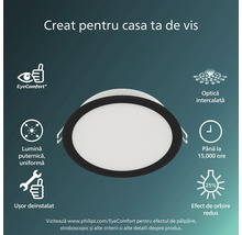 Spot LED Philips încorporat, negru, confort vizual, lumină uniformă, durată de viață 15.000 ore, instalare ușoară și orbire redusă.