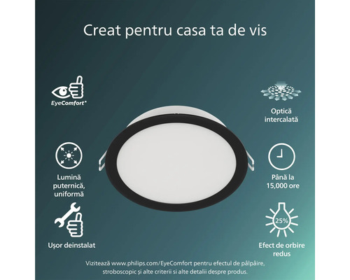 Spot LED Philips încorporat, negru, confort vizual, lumină uniformă, durată de viață 15.000 ore, instalare ușoară și orbire redusă.