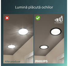 Comparație spoturi încastrate: în stânga lumină orbitoare, în dreapta lumină Philips EyeComfort plăcută ochilor. Philips Logo.