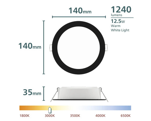Spot LED încorporabil, diametru 140 milimetri, adâncime 35 milimetri, 1240 lumeni, 12.5 wați, lumină albă caldă 3000 Kelvin.