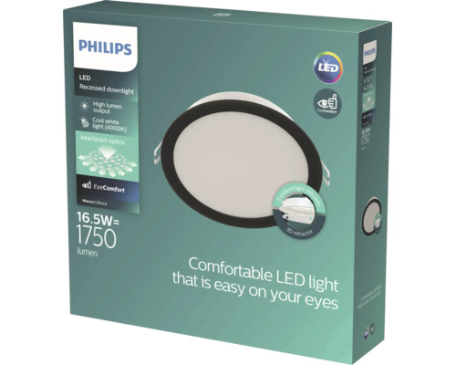 Spot LED încastrat Philips Meson pe negru, 16,5 Watt, 1750 lumeni, lumină albă rece 4000 Kelvin, tehnologie EyeComfort pentru confortul ochilor.