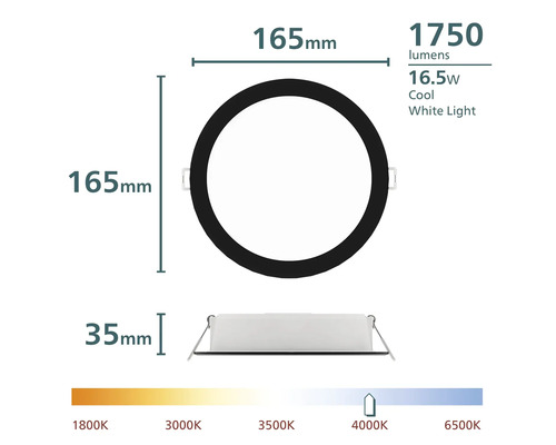 Spot LED încastrat rotund, diametru 165 milimetri, adâncime 35 milimetri, 1750 lumeni, 16.5 wați, lumină albă rece 4000 kelvini.