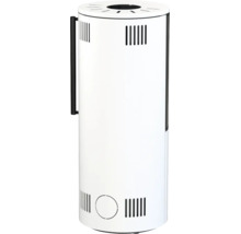 Sobă cilindrică albă cu mâner vertical negru și fante de ventilație în partea de sus și de jos.