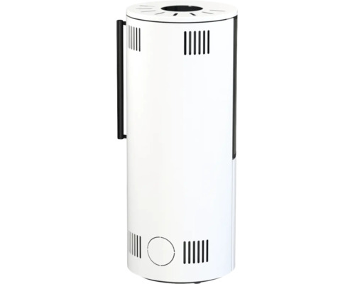 Sobă cilindrică albă cu mâner vertical negru și fante de ventilație în partea de sus și de jos.