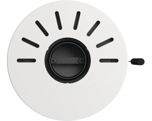 Supapă de ventilație rotundă în culorile alb și negru cu miez reglabil și fante radiale.