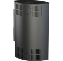 Șemineu din oțel negru de formă cilindrică cu fante de ventilație și opțiuni de conectare.