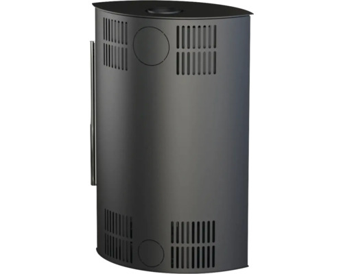 Șemineu din oțel negru de formă cilindrică cu fante de ventilație și opțiuni de conectare.