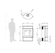 Desen tehnic al unei sobe cu lemne cu vederi frontală, laterală și de sus și o siluetă umană pentru scară. Dimensiuni în milimetri.