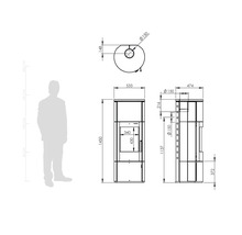 Desen tehnic al unei sobe cu dimensiuni în milimetri pentru vederile din față, laterală și de sus și o siluetă pentru compararea mărimii.