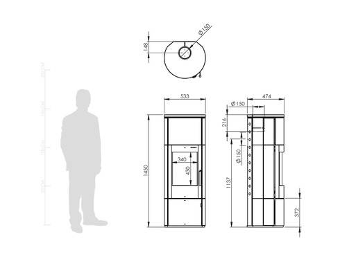 Desen tehnic al unei sobe cu dimensiuni în milimetri pentru vederile din față, laterală și de sus și o siluetă pentru compararea mărimii.