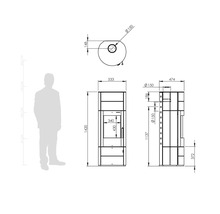 Desen tehnic al unei sobe cu dimensiuni în milimetri, vedere frontală, laterală și de sus cu o siluetă umană pentru compararea dimensiunii.