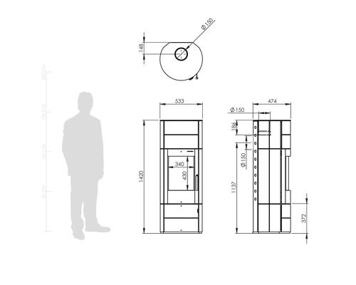 Desen tehnic al unei sobe cu dimensiuni în milimetri, vedere frontală, laterală și de sus cu o siluetă umană pentru compararea dimensiunii.