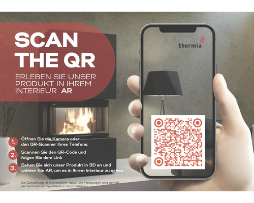 Smartphone cu cod QR pentru vizualizarea în realitate augmentată a unui șemineu Thermia într-un interior. Thermia Logo.