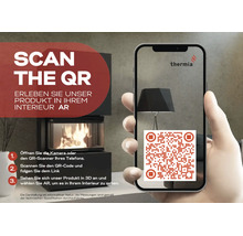 O mână ține un smartphone în fața unui șemineu aprins și scanează un cod Quick-Response pentru vizualizare în realitate augmentată. Thermia Logo.